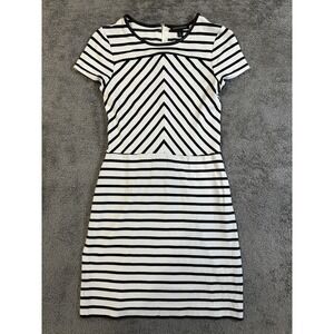 Banana Republic Fit And Flare Dress Women Black White Striped Short Sleeve Sz 10